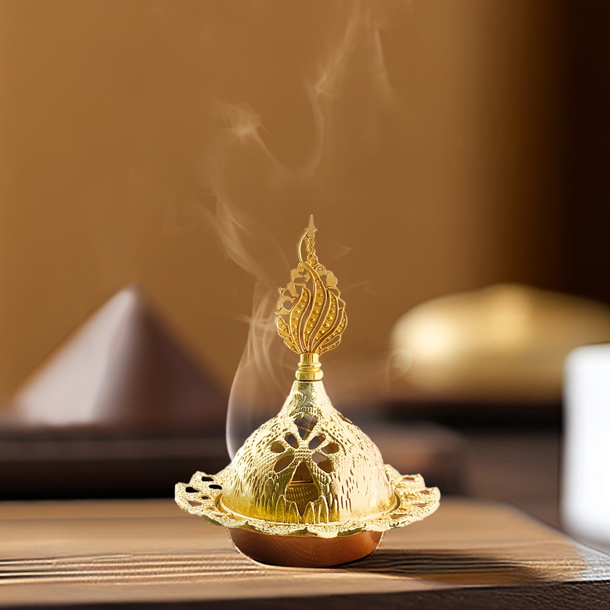 Golden Iron Incense Holder with Middle Eastern Design for Home Decor and Celebrations