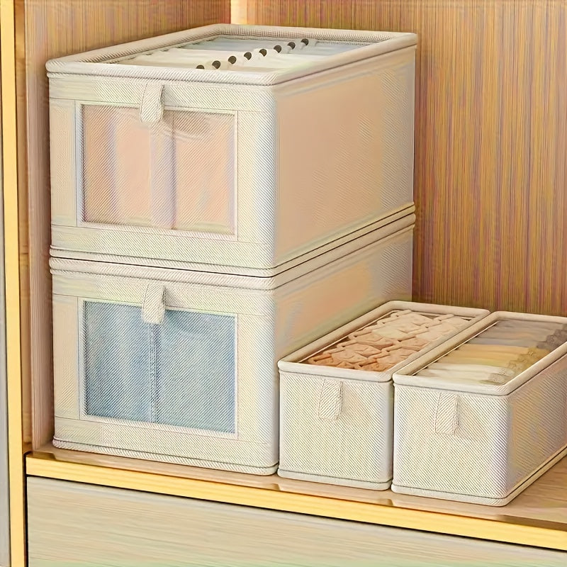 Caja de almacenamiento plegable de tela Oxford beige con ventana transparente para ropa y artículos del hogar