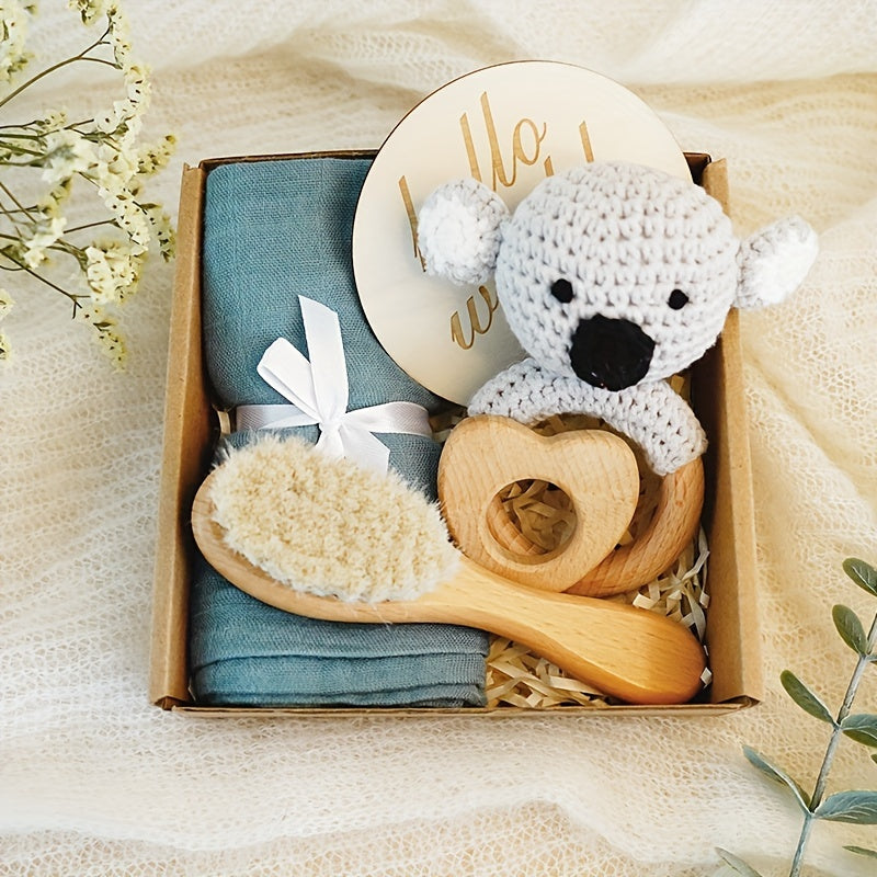 Baby Gift Set with Bamboo Towel Goat Hair Brush and Beechwood Koala Rattle