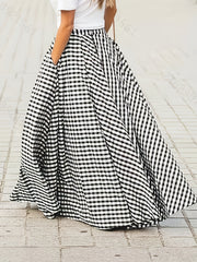 Women’s Plaid Maxi Skirt High Waist Flared Pockets Summer Blue and White