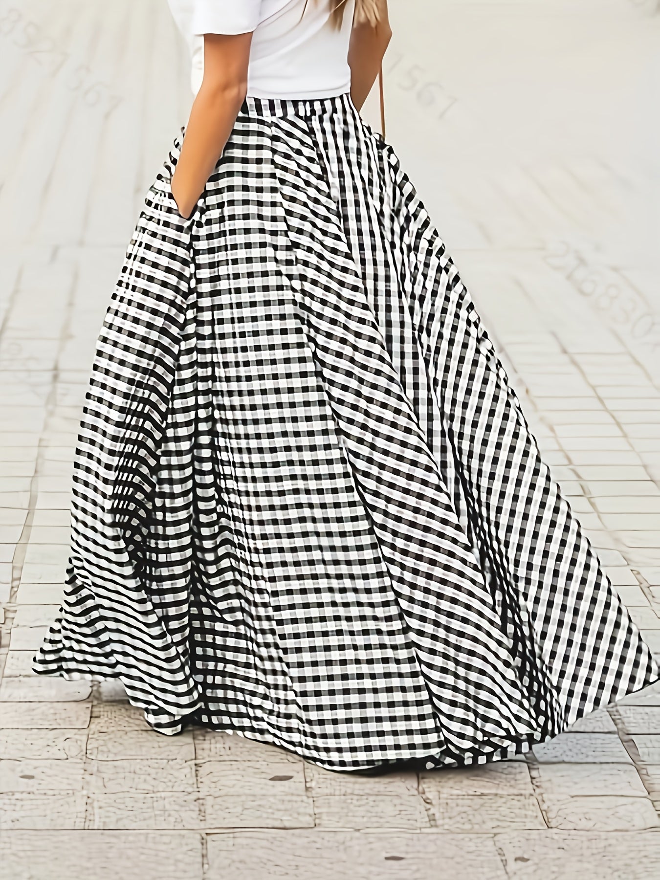 Women’s Plaid Maxi Skirt High Waist Flared Pockets Summer Blue and White