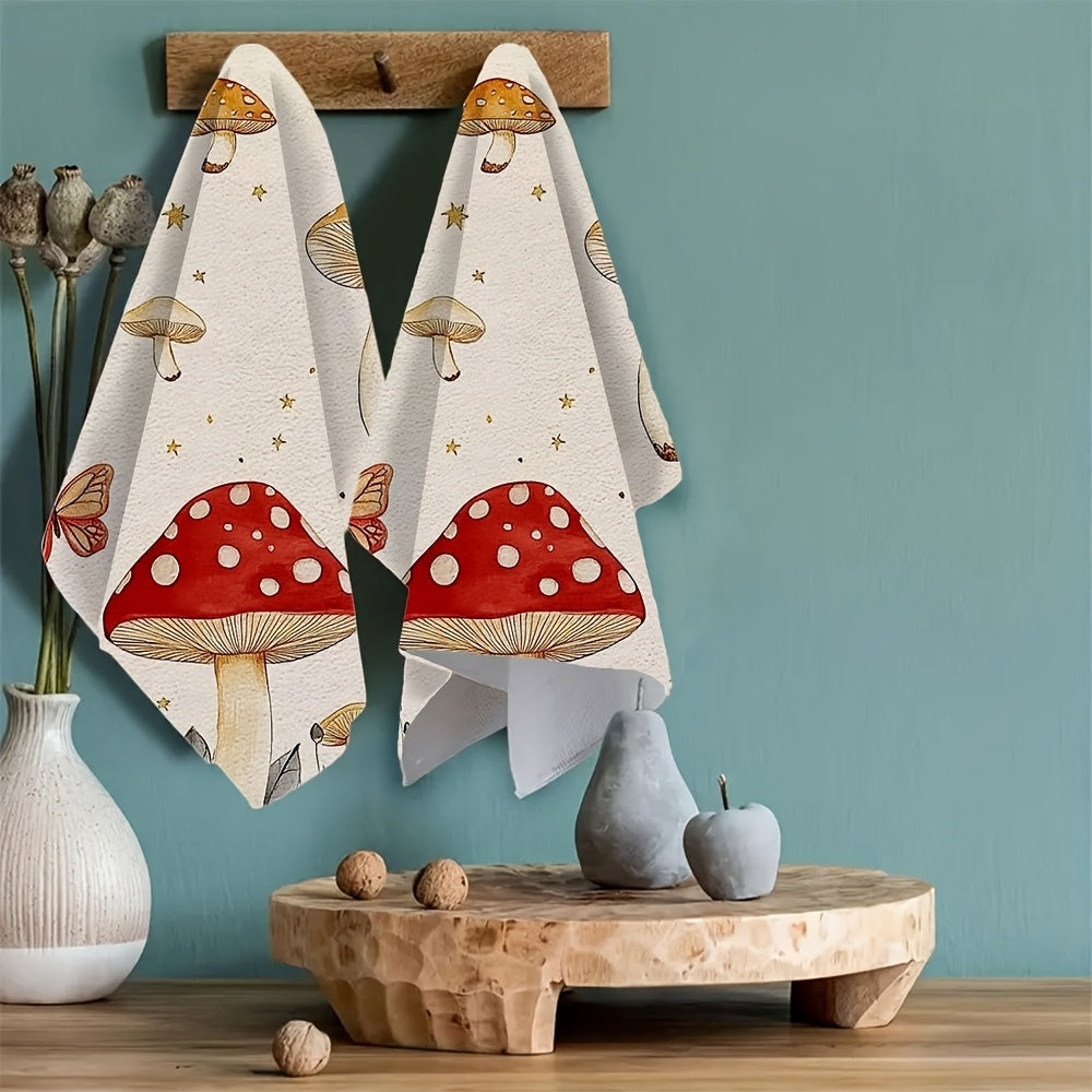 Whimsical Mushroom and Butterfly Kitchen Towels, Soft, Absorbent, 16x24 Inches