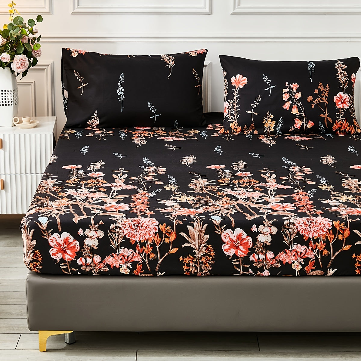 Flower Print Bedding Set Fitted Sheet and Pillowcase Set Soft Cozy Bedroom Guest Room