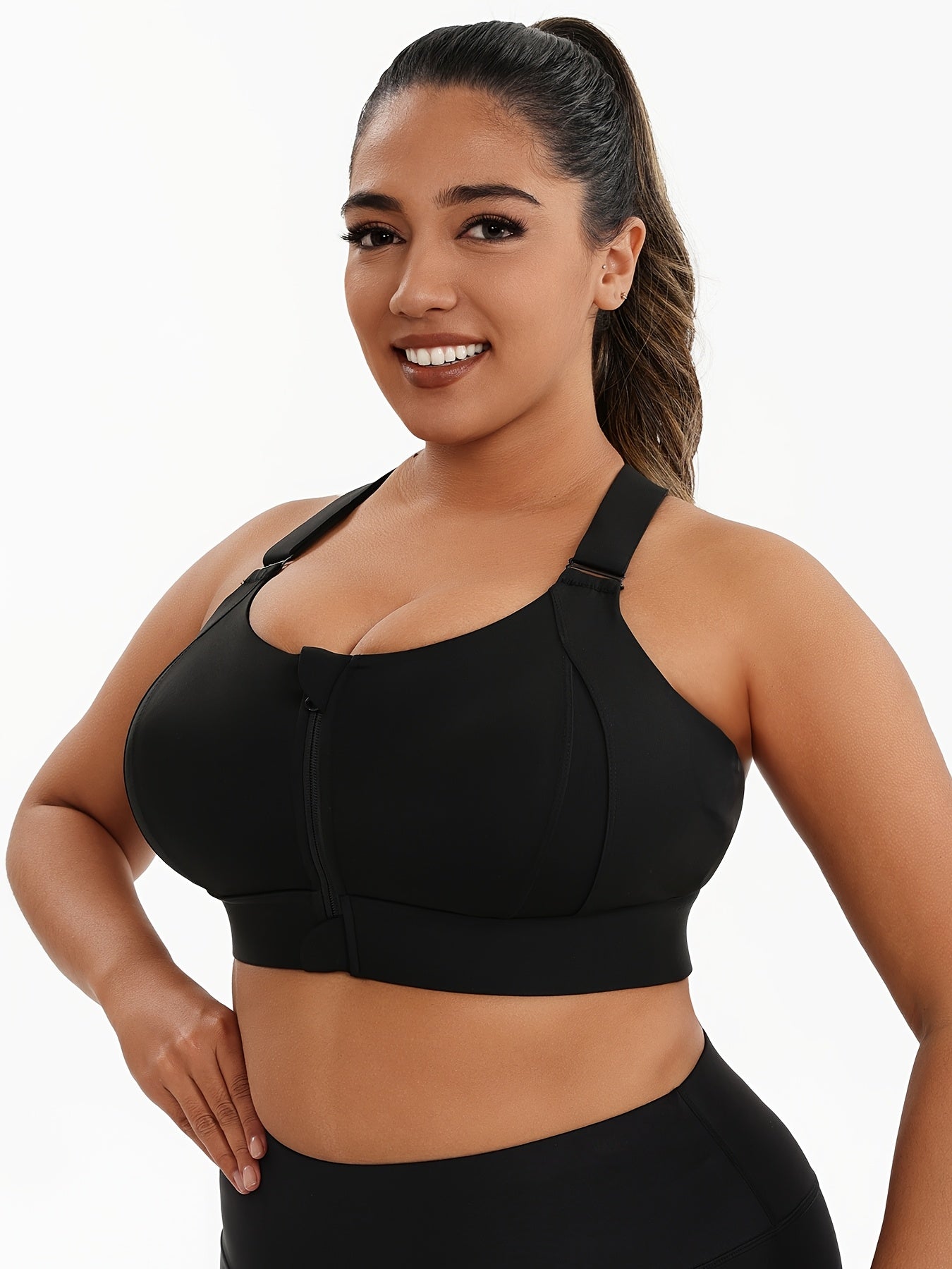 Plus Size Sports Bra with Zipper High Impact Support Adjustable Straps