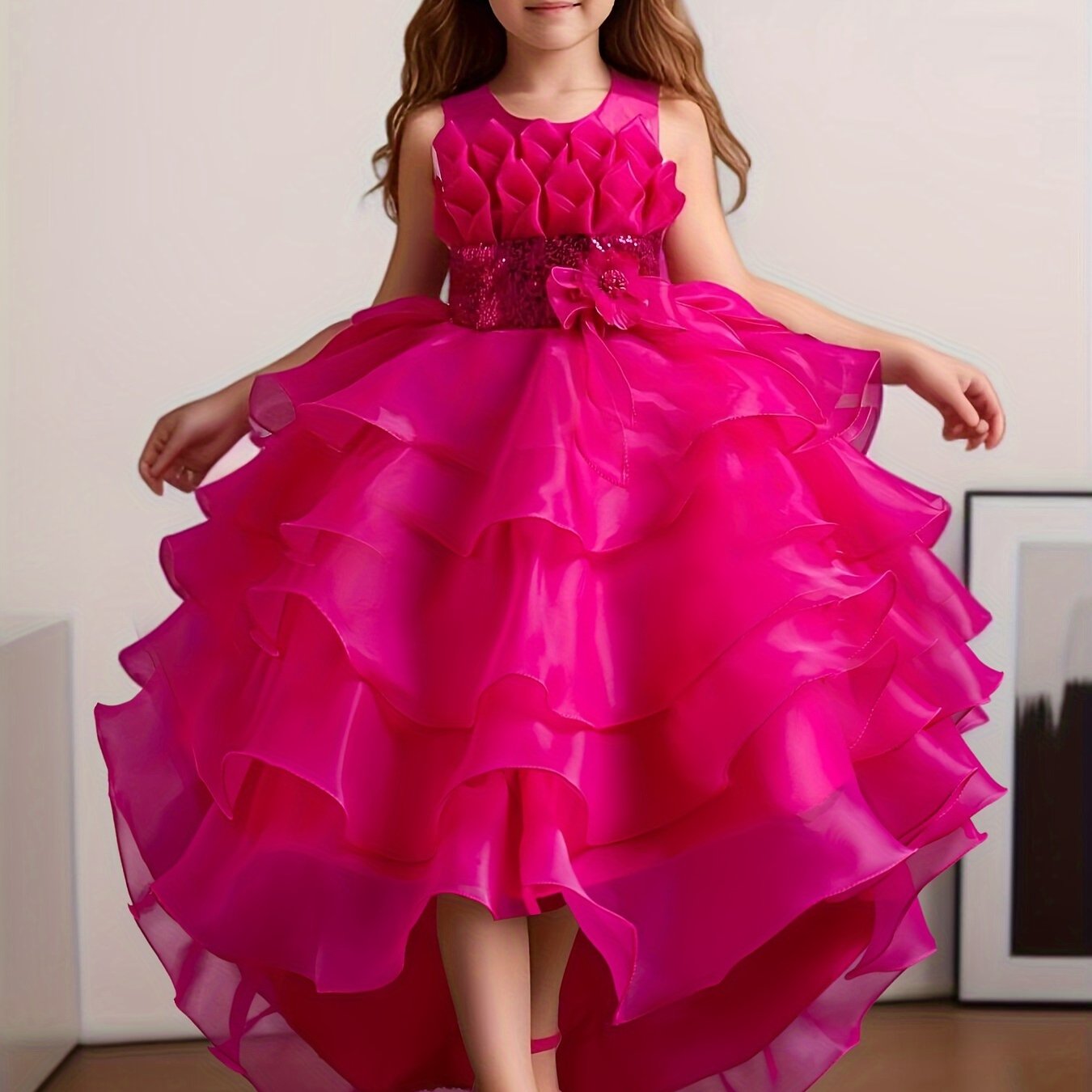Girls Sequin Cake-Style Dress for Performance Weddings Graduation Princess Fluffy Toddler