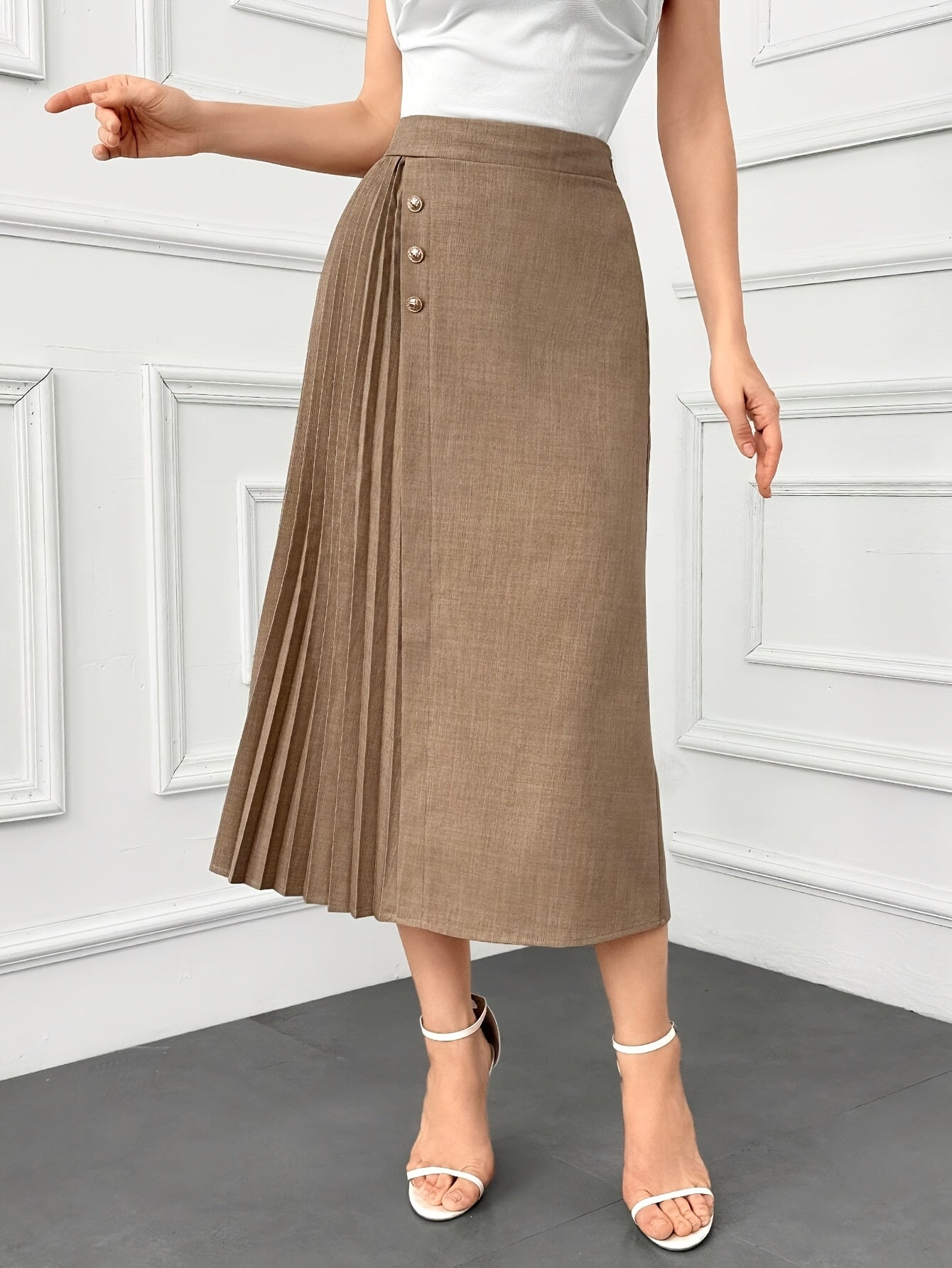 Women's Solid Color High-Waisted Pleated Midi Skirt with Button Front