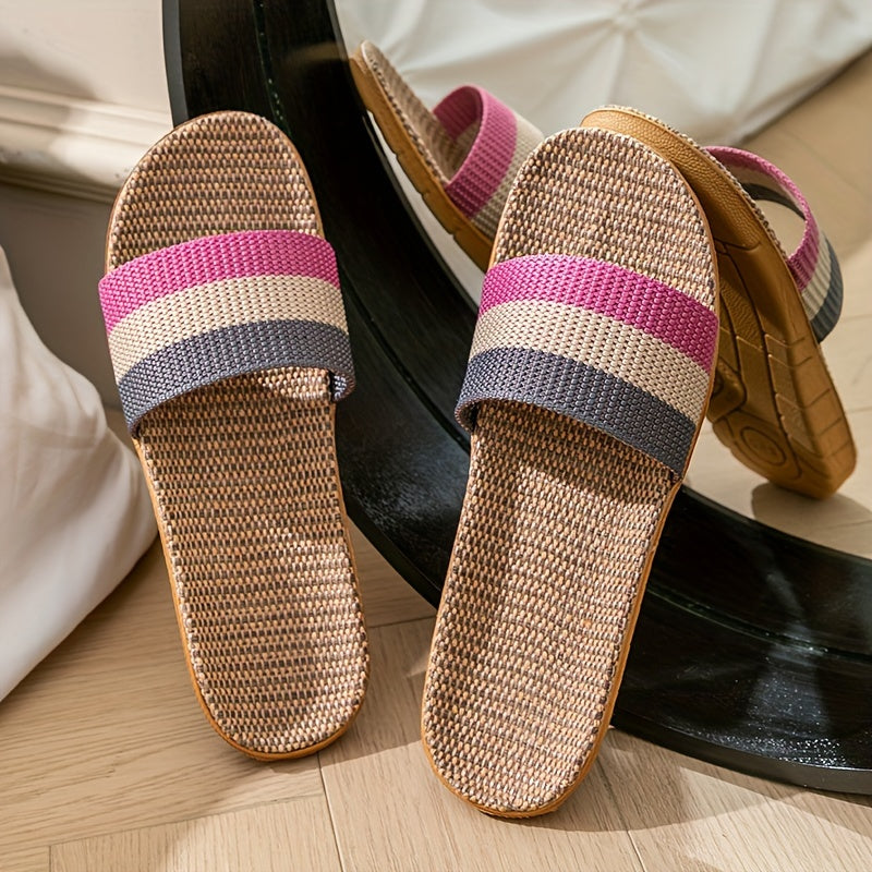 Women's Colorblock Linen Slip-On House Slippers Lightweight Breathable