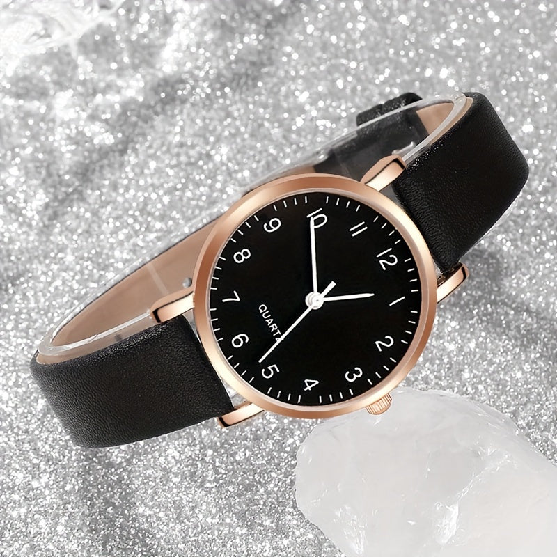 Women's Quartz Watch Set with Faux Leather Straps and Heart Bracelets Black and White