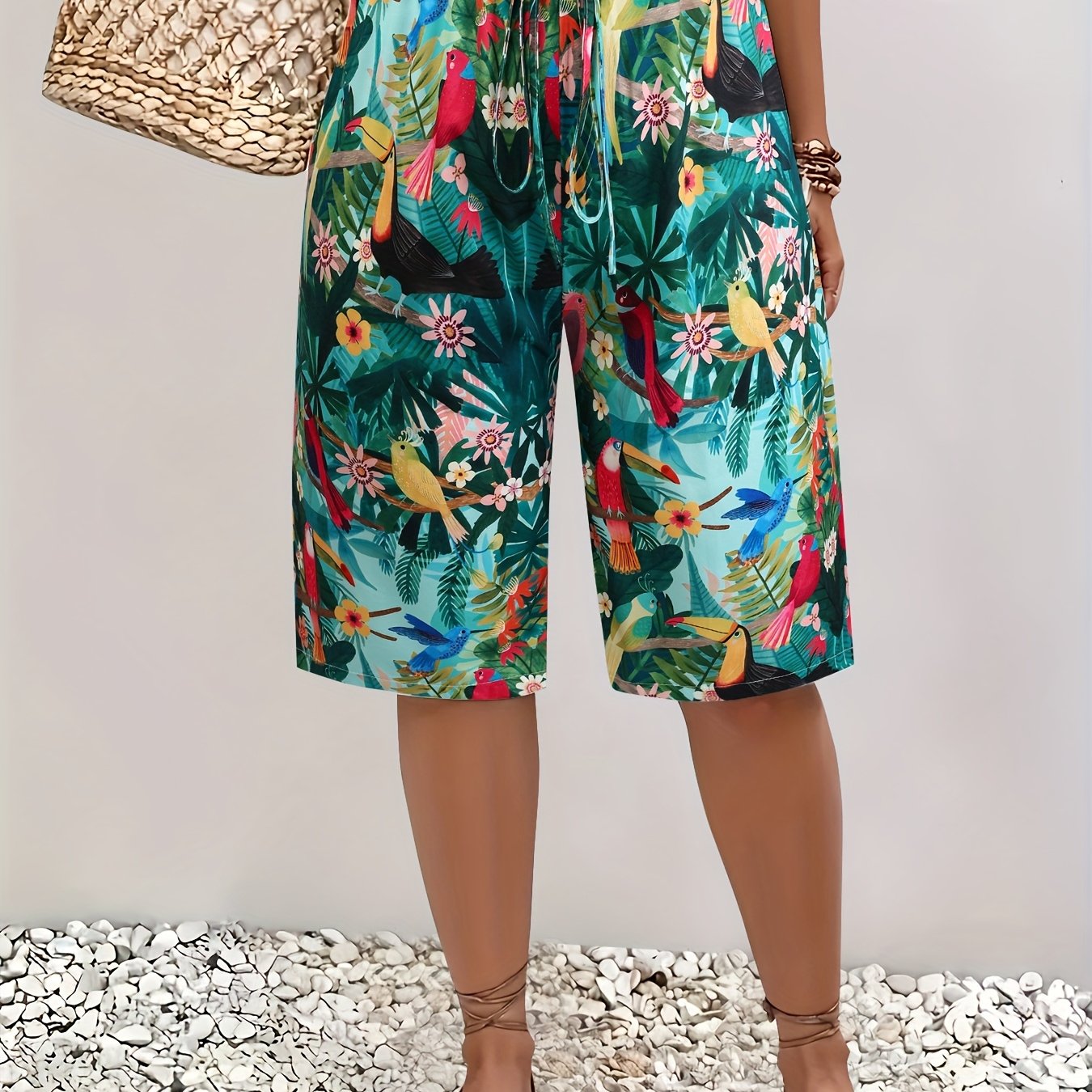 Women's Plus Size Tropical Floral Print Mid-Pants Non-Stretchy Cropped Pants for Summer and Office