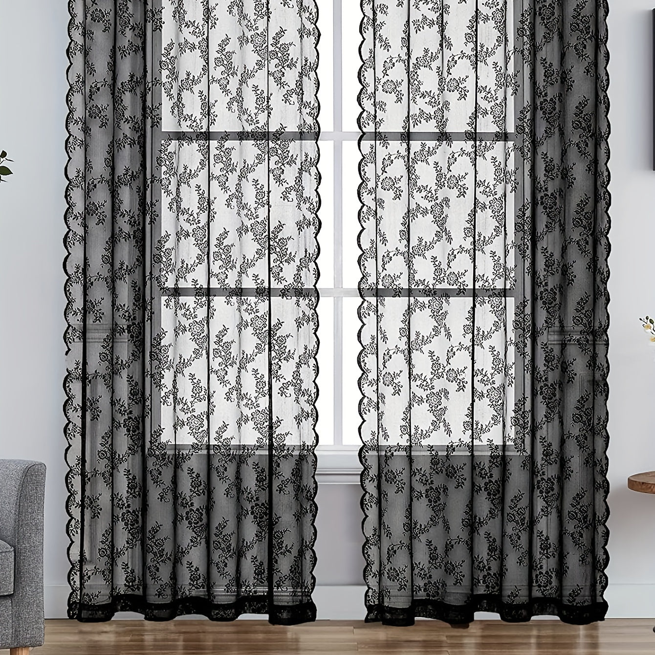 Black and White Floral Pattern French Country Lace Sheer Curtain with Rod Pocket for Living Room Bedroom Balcony