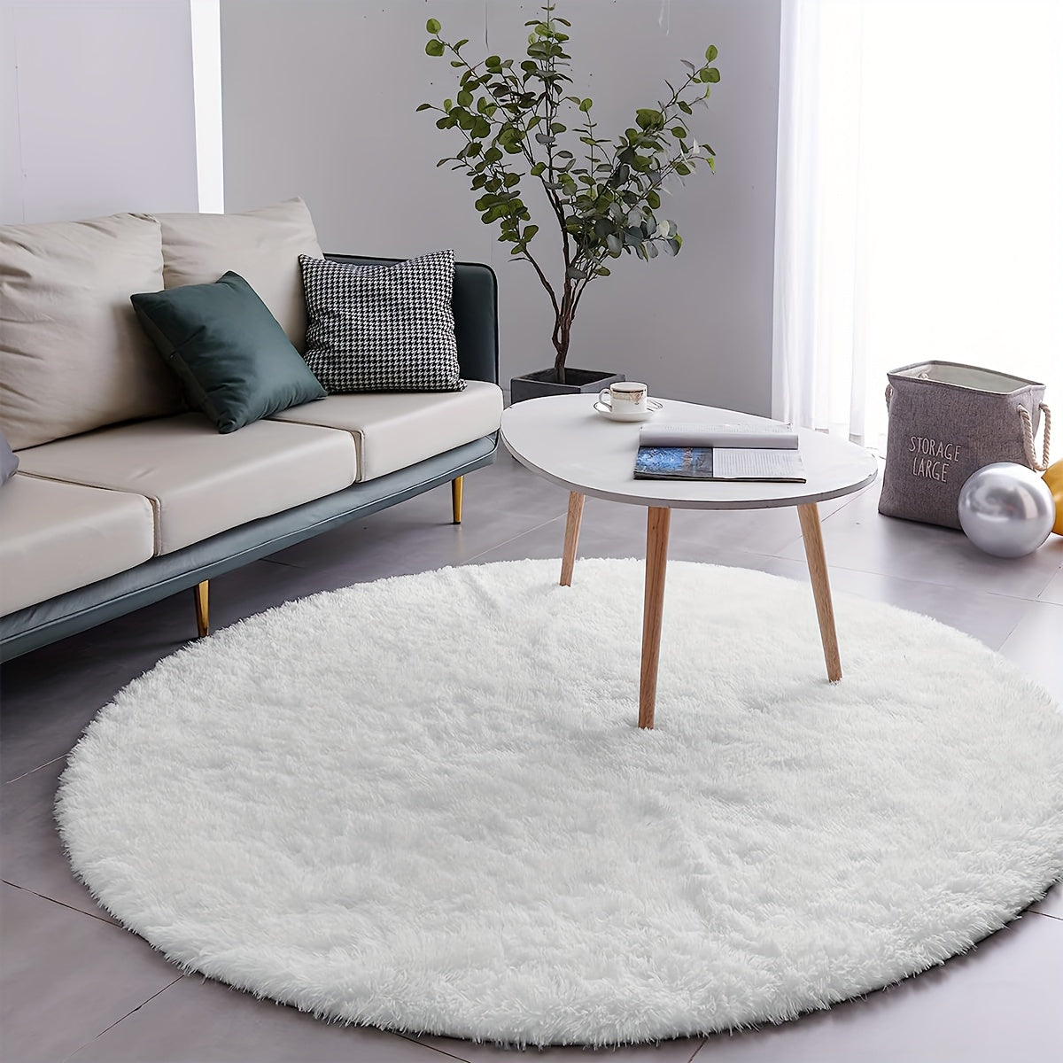 Soft White Round Plush Area Rug for Living Room Bedroom Non-Slip Machine Washable