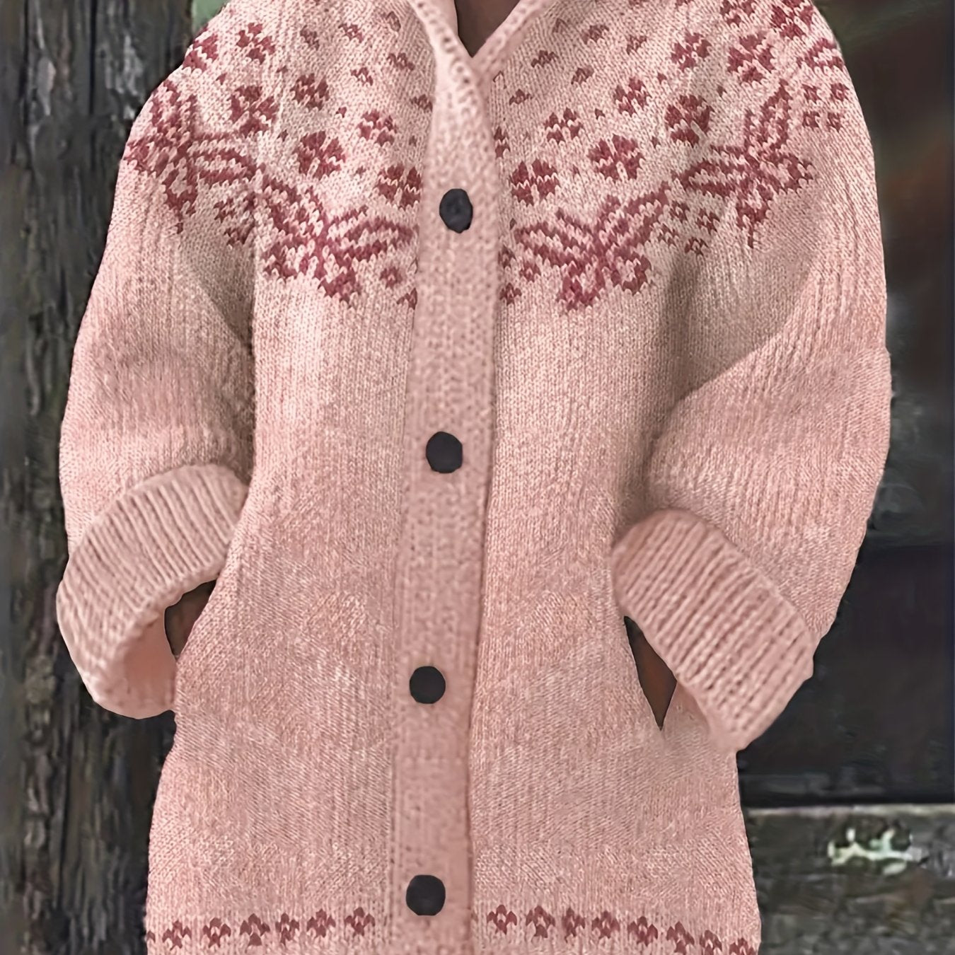 Plus Size Beige Floral Pattern Cardigan for Fall Winter Long Sleeve Hooded