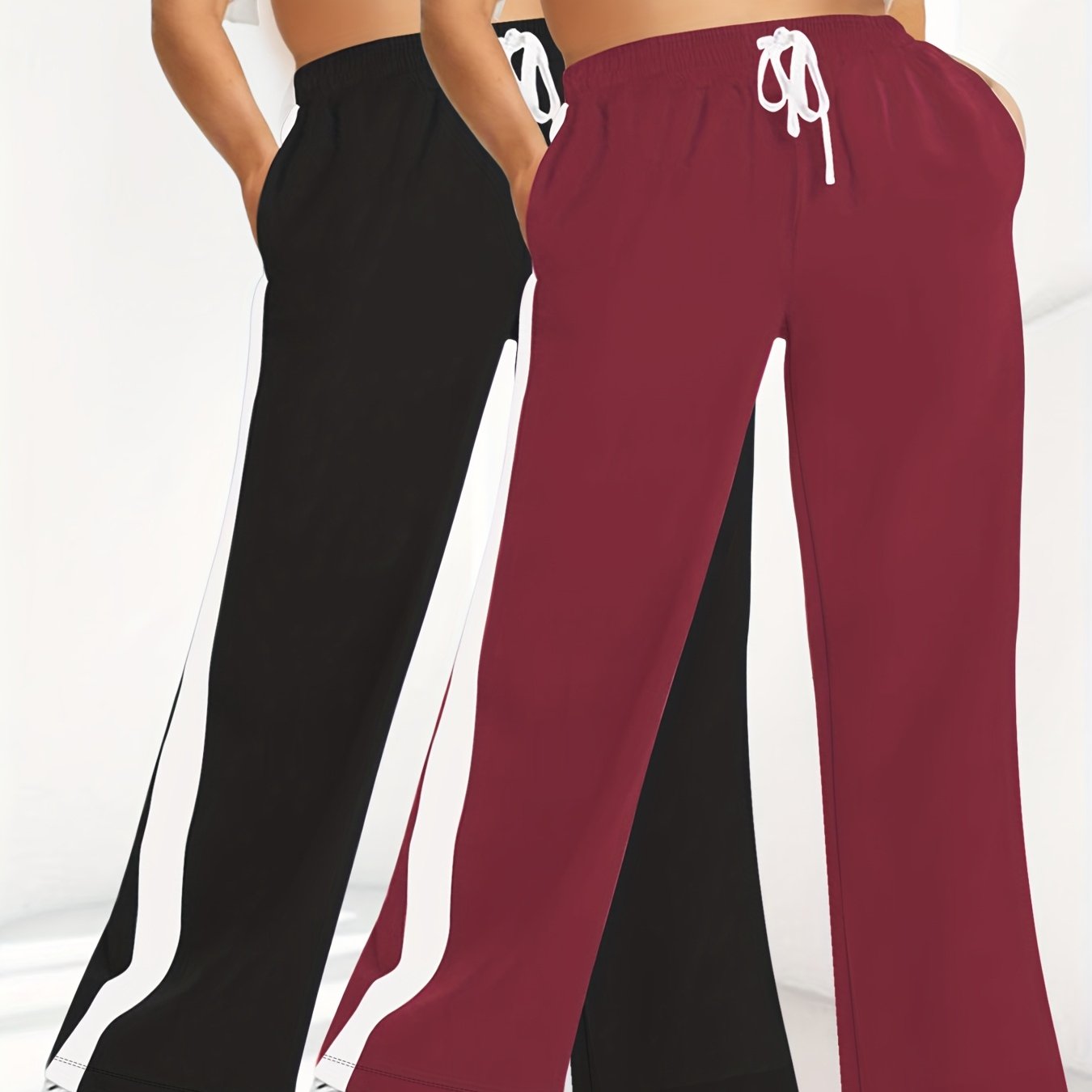 Women Wide Leg Pants Black and White Striped High-Waisted Drawstring