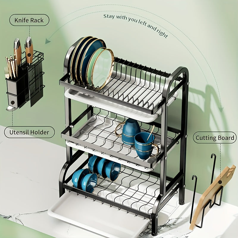 Modern 3-Tier Metal Dish Rack with Drainboard Utensil Holder and Cup Stand