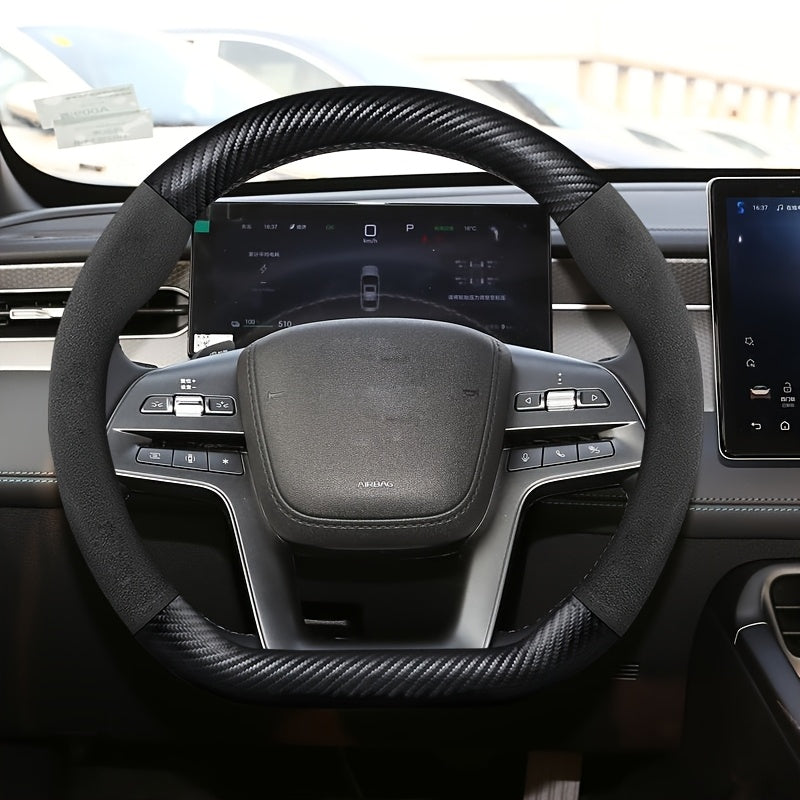 Car Steering Wheel Cover D-Shaped Carbon Fiber Texture Plush Fit 37-38.5cm