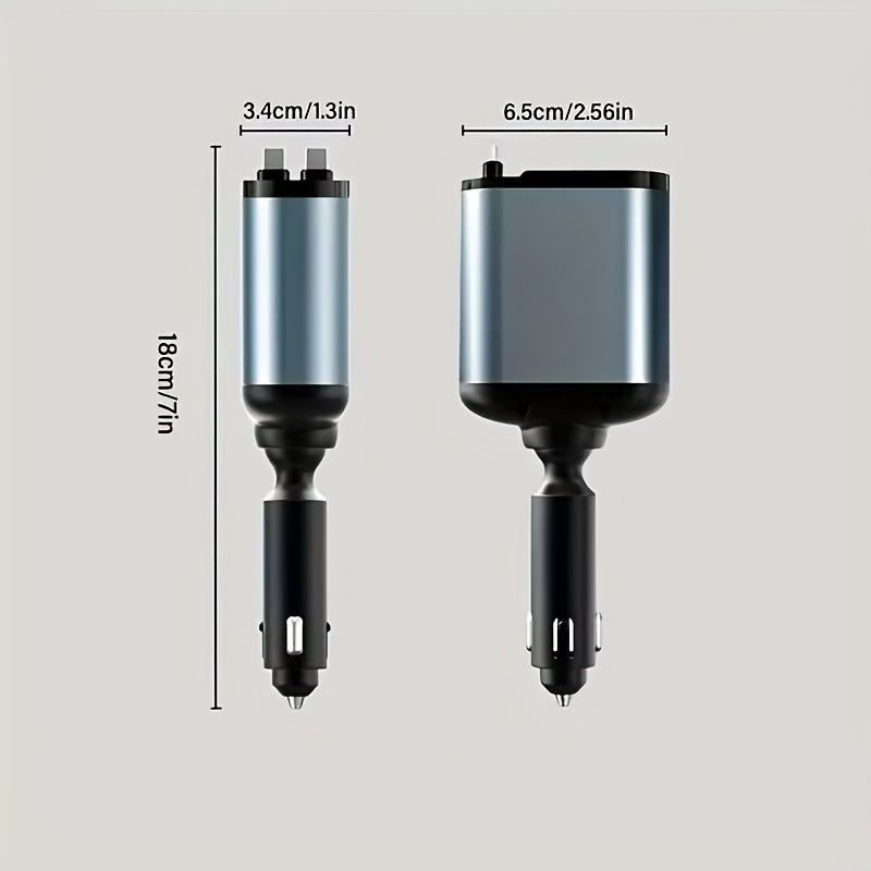 120W Fast Retractable Type C Car Charger with Dual Cables and USB Port