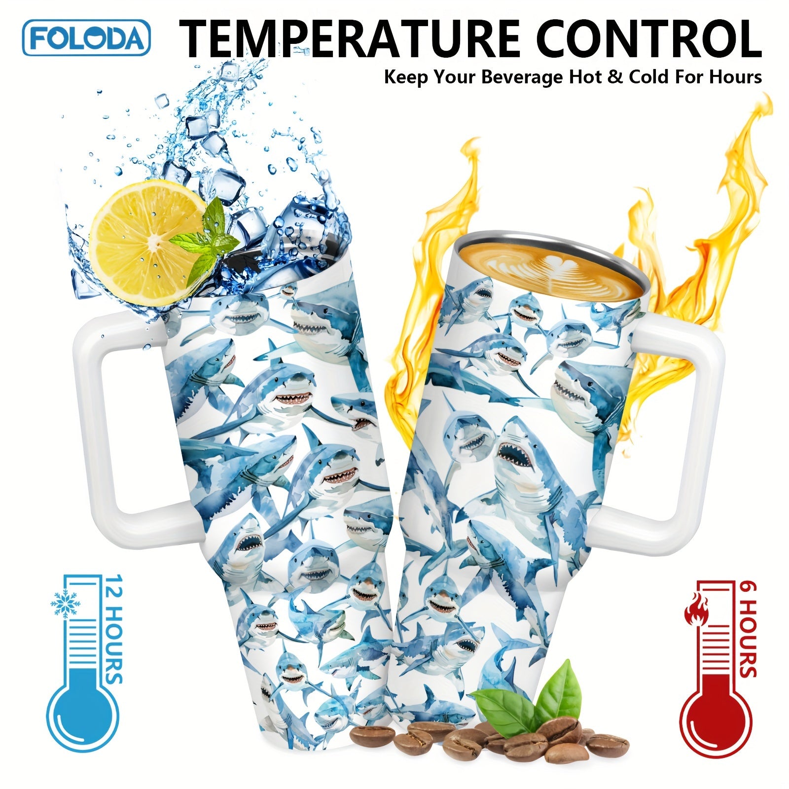 40oz izolyatsiyalangan zanglamaydigan po'latdan yasalgan stakan, tutqichli, Moviy Shark dizayni, tashqi foydalanish uchun