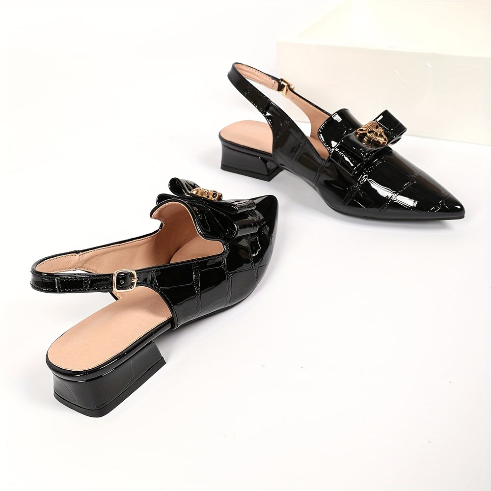 Women's Faux Leather Slingback Heels with Pointed Toe and Chunky Low Heel