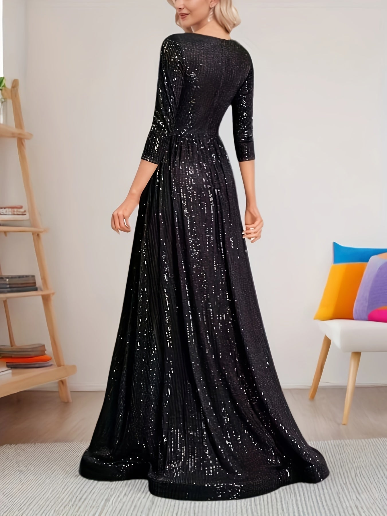 Plus Size Sequin V-Neck Evening Gown Dress with Mermaid Bodice and Flowing Train