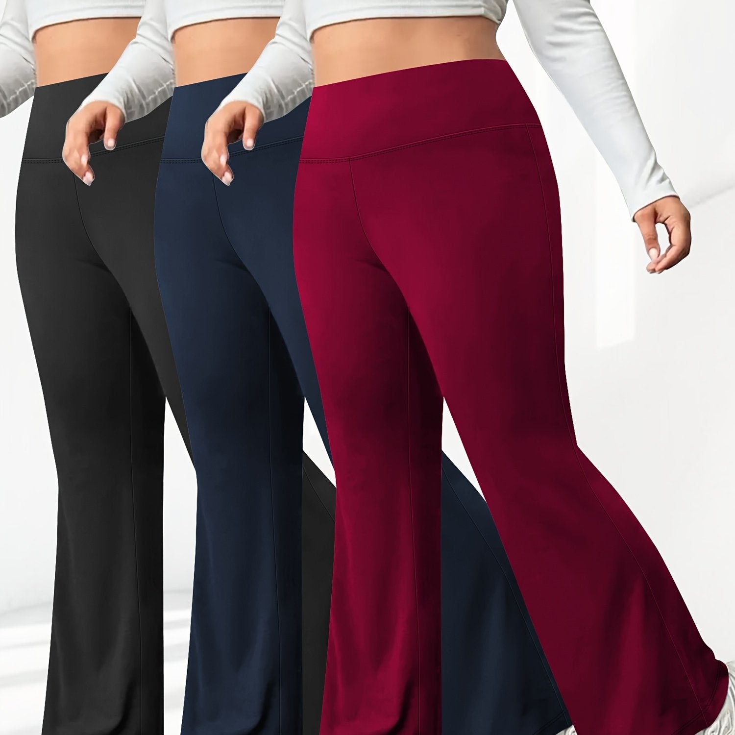 Plus Size Flare Leg Pants Pack High Waist Polyester Knit Stretchy Spring Summer Fall