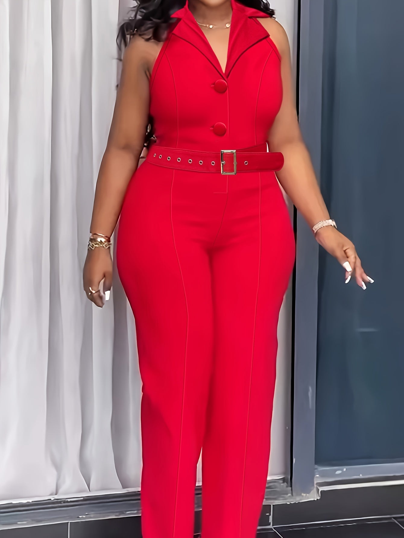 Women's Red Sleeveless Jumpsuit with Button Details High-Waisted Wide-Leg