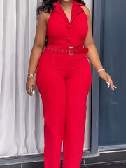 Women's Red Sleeveless Jumpsuit with Button Details High-Waisted Wide-Leg