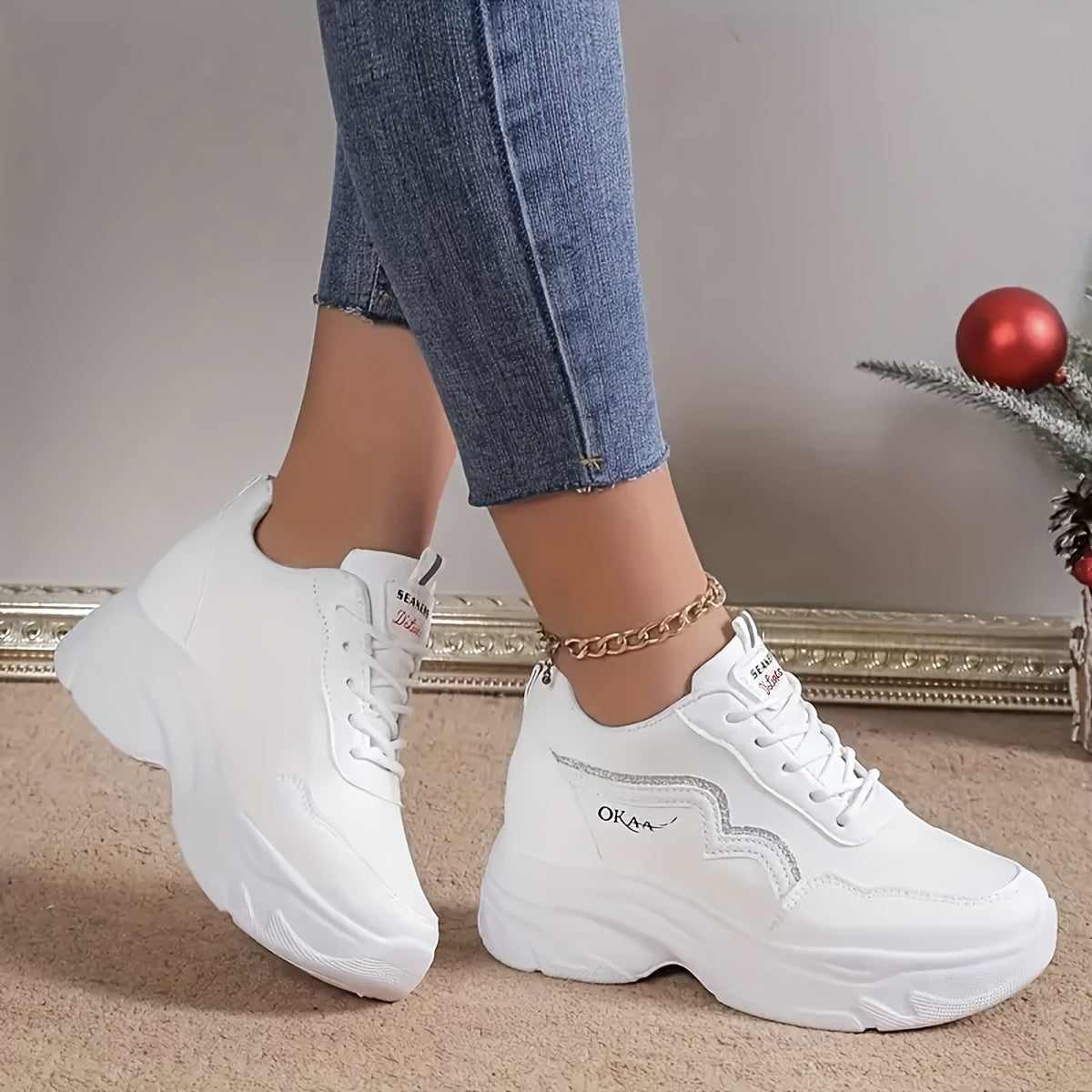 Women's Breathable Mesh Chunky Dad Sneakers White Low-Top Casual Athletic