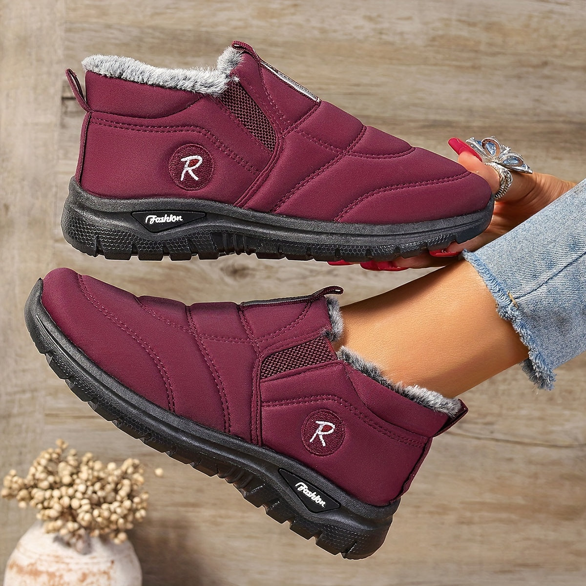 Women's Burgundy Slip-On Ankle Boots with Plush Lining and Non-Slip Sole