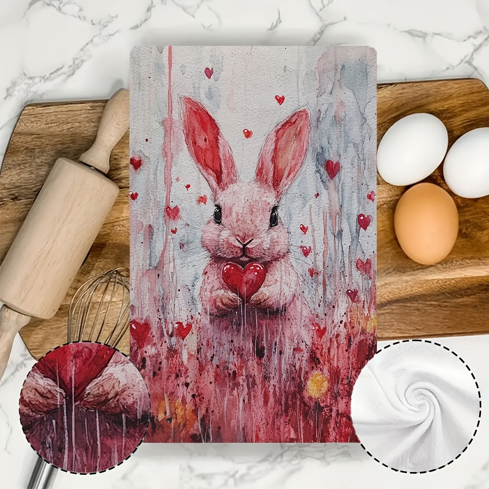 Valentine's Day Bunny Kitchen Towels Set, Coastal Style, Absorbent, 16x24 Inches