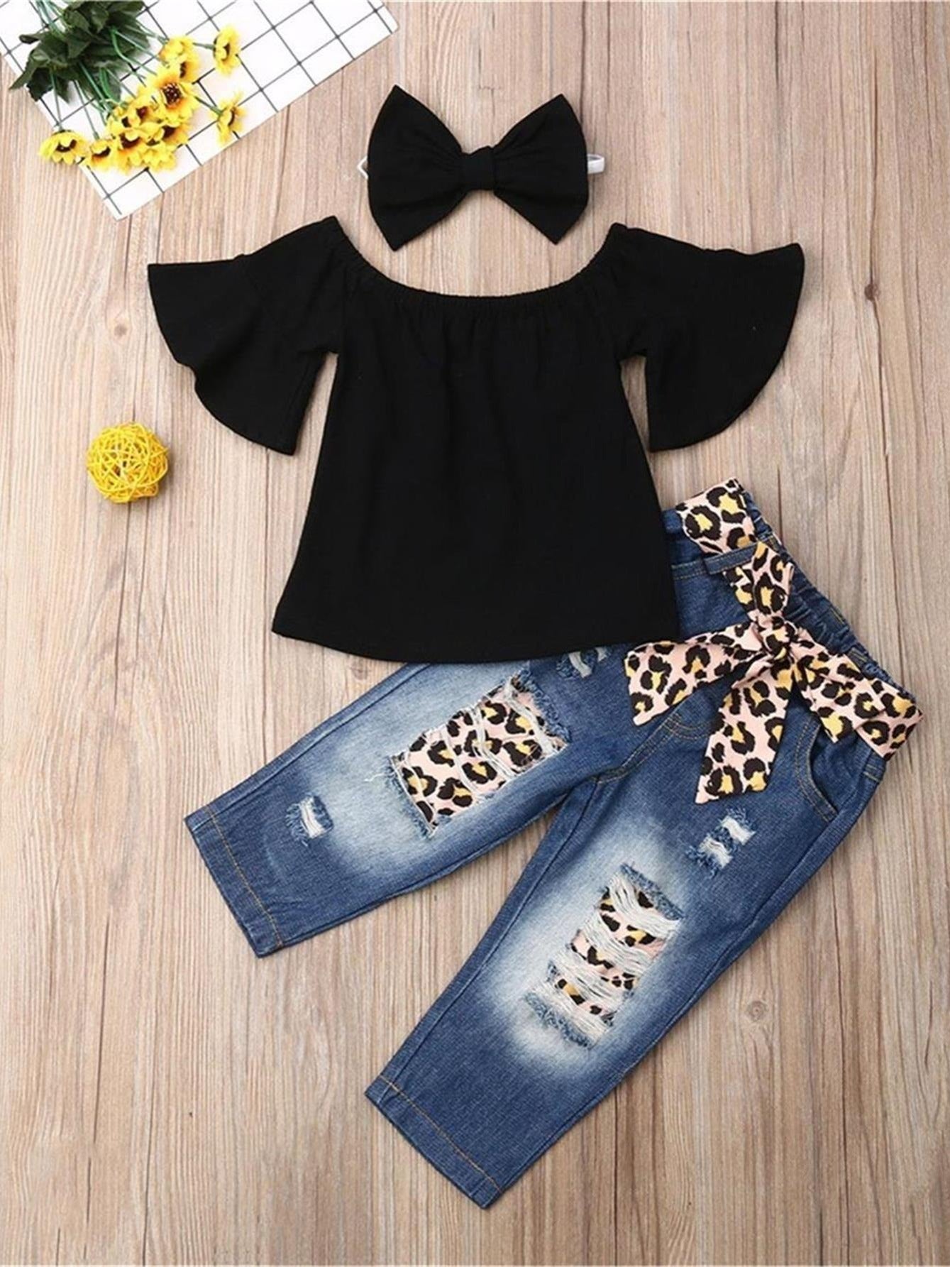 Toddler Girls Clothing Set Off-Shoulder Top Jeans Leopard Belt Headband Spring Fall Casual