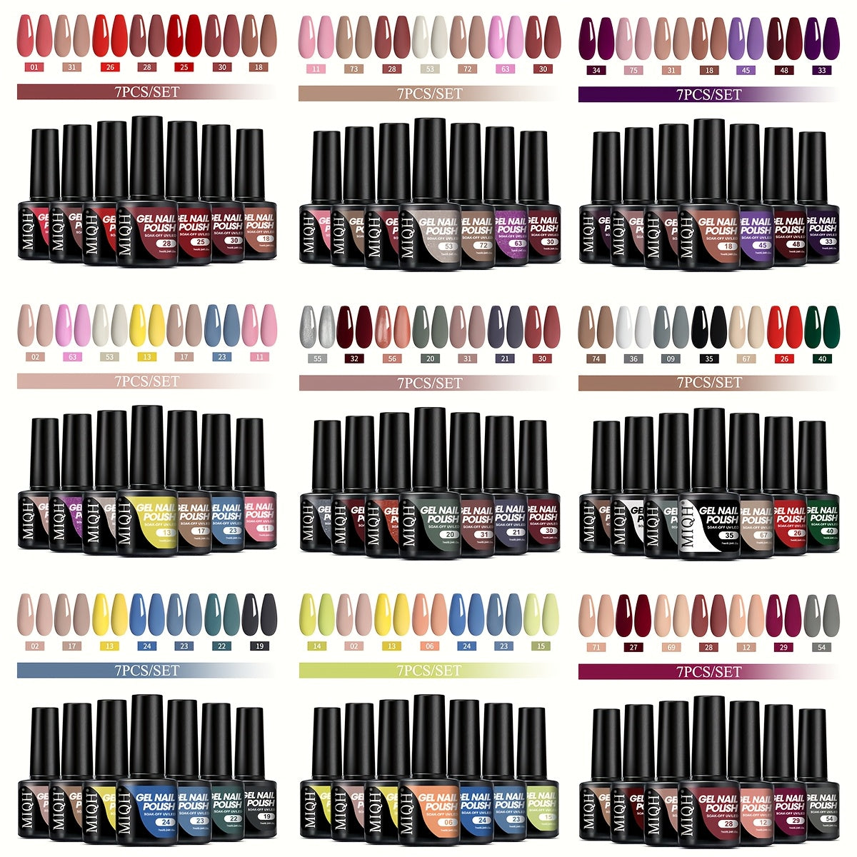 7-Piece Gel Nail Polish Set Black White Nude Semi-Permanent UV LED Soak Off