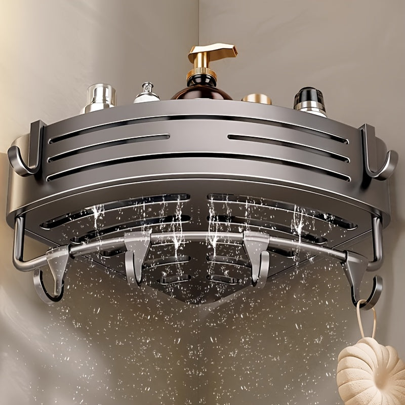 Aluminum Shower Organizer with Hooks Self-Adhesive Rust-Resistant Bathroom Shelf