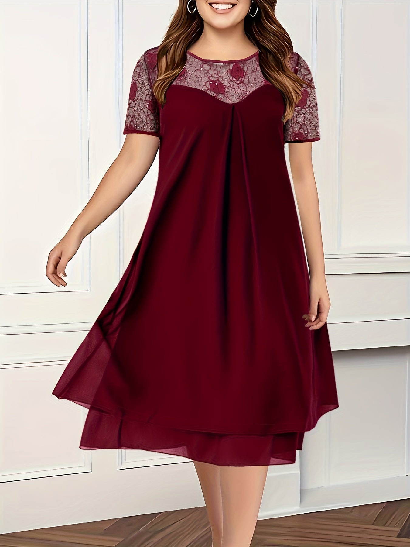 Plus Size Ladies Lace Panel Crewneck Dress Comfortable Elegant Evening Wear