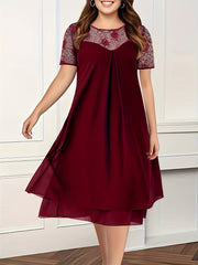 Plus Size Ladies Lace Panel Crewneck Dress Comfortable Elegant Evening Wear