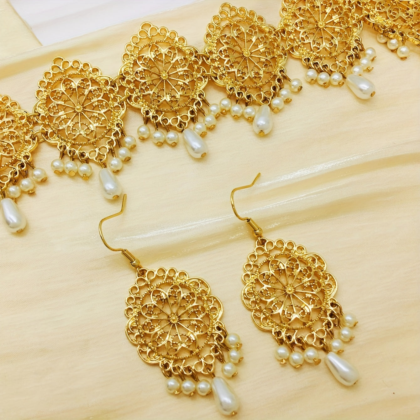 Indian-Inspired Jewelry Set 3-Piece Gold-Tone Necklace and Earrings with Pearl Drops