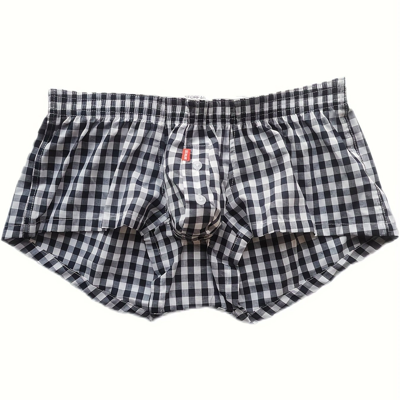 Men's Low Waist Cotton Plaid Underwear with Front Button Opening Shortie