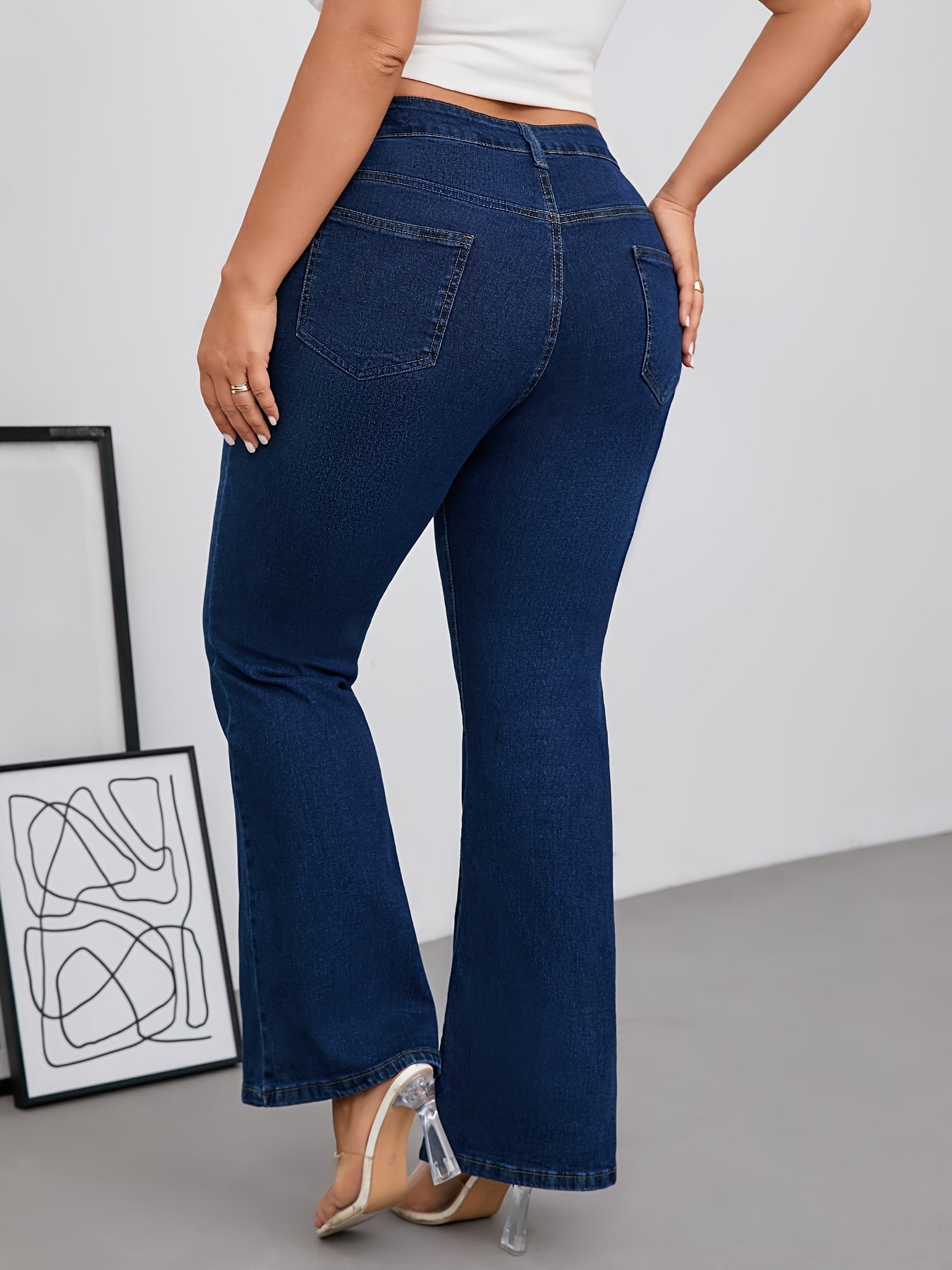 Plus Size Women's Blue Stretch Flare Jeans with Button Fly and Pockets