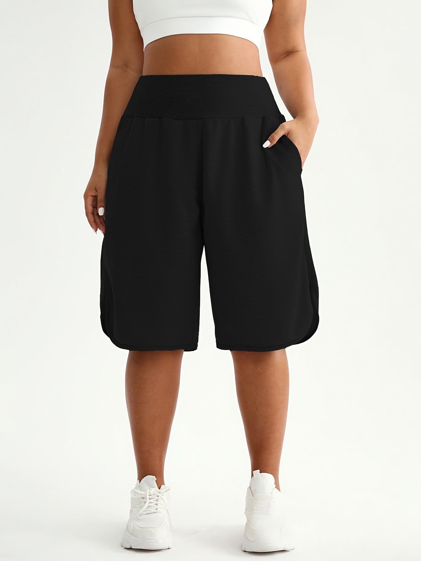 Plus Size High-Waisted Bermuda Shorts Navy Blue Loose Fit Stretchy Fabric