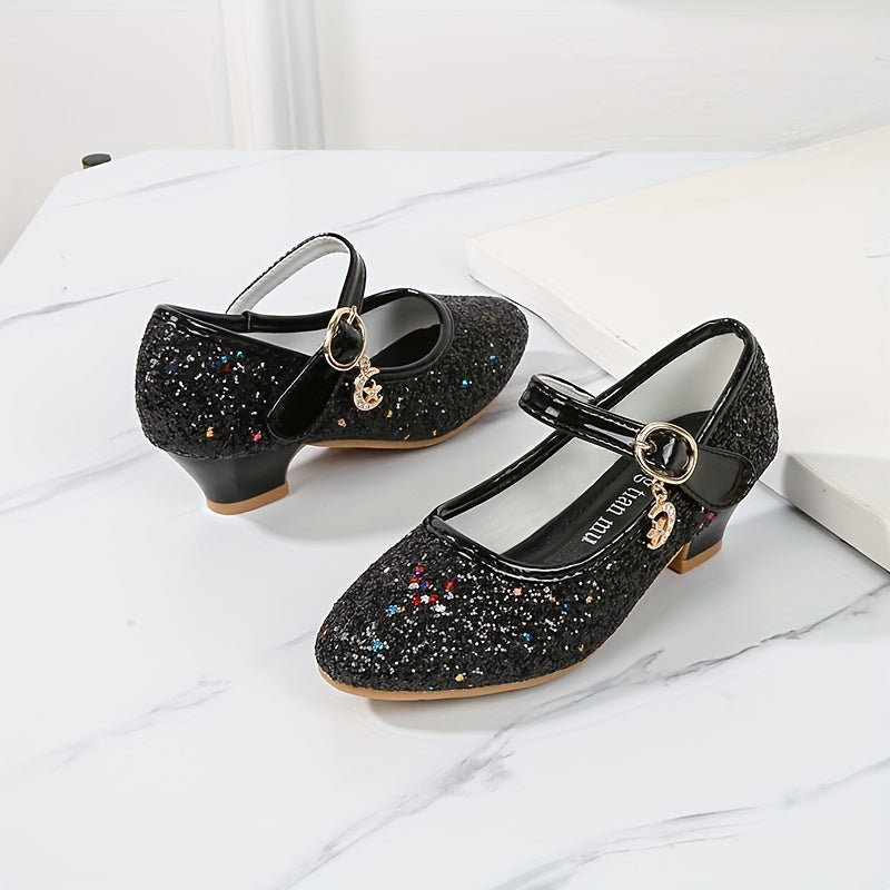 Girls' Crystal High-Heeled Shoes with Glitter and Sequins for Weddings and Parties