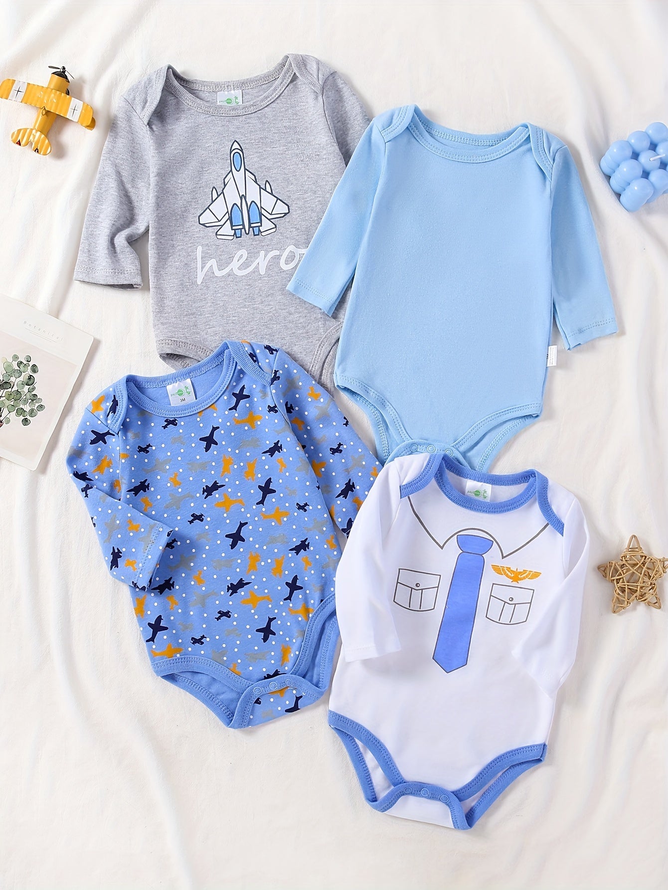 Boys 4-Pack Long Sleeve Cotton Onesies with Astronaut and Space Patterns for Fall Winter