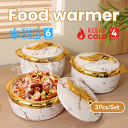 Food Warmer Set with Insulated Stainless Steel Containers 3-Piece White and Gold Marble