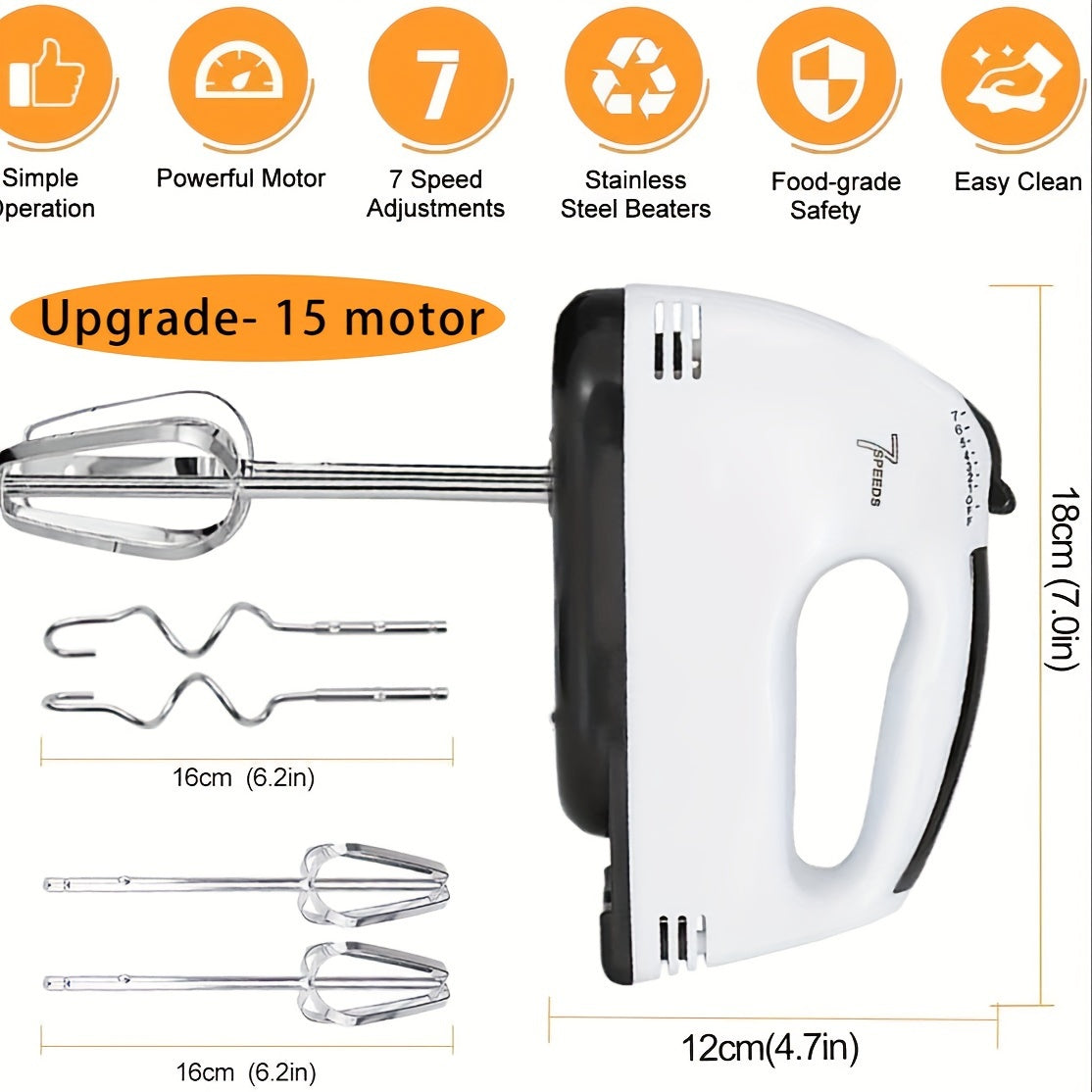 Electric Hand Mixer Stainless Steel Beaters 7-Speed Easy Clean Baking Tool