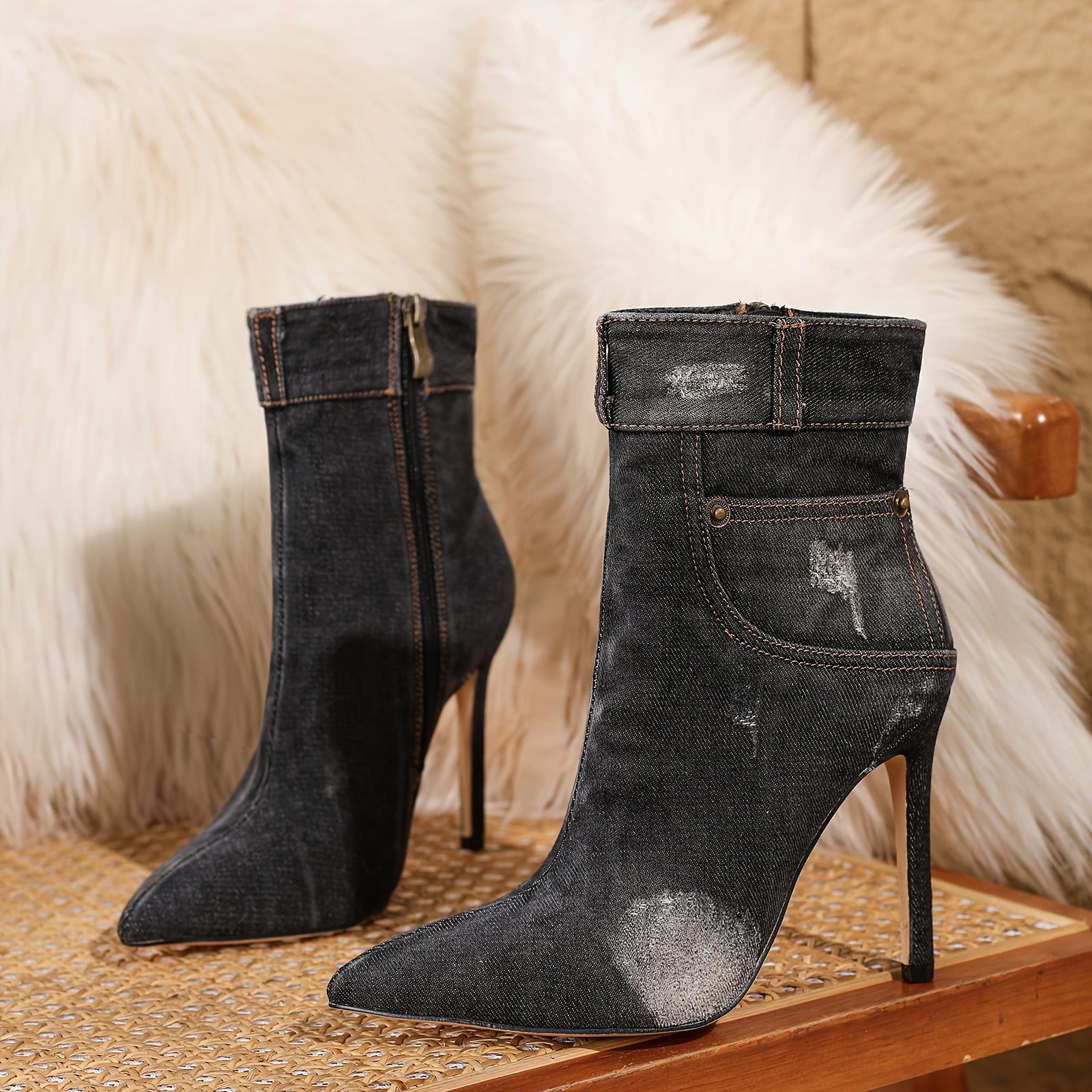 Women's Pointed High Heels Ankle Boots Retro Color Wipe Short Heels