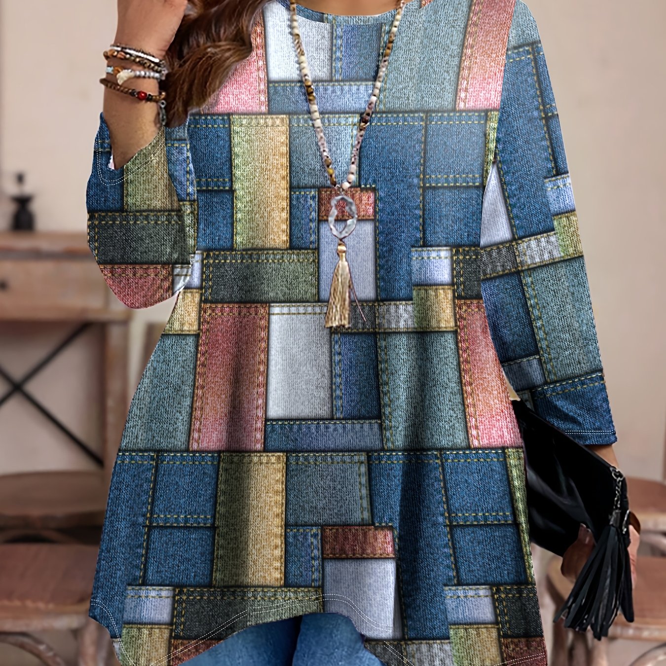 Plus Size Plaid T-Shirt for Women Crew Neck Long Sleeve Polyester Blend Casual