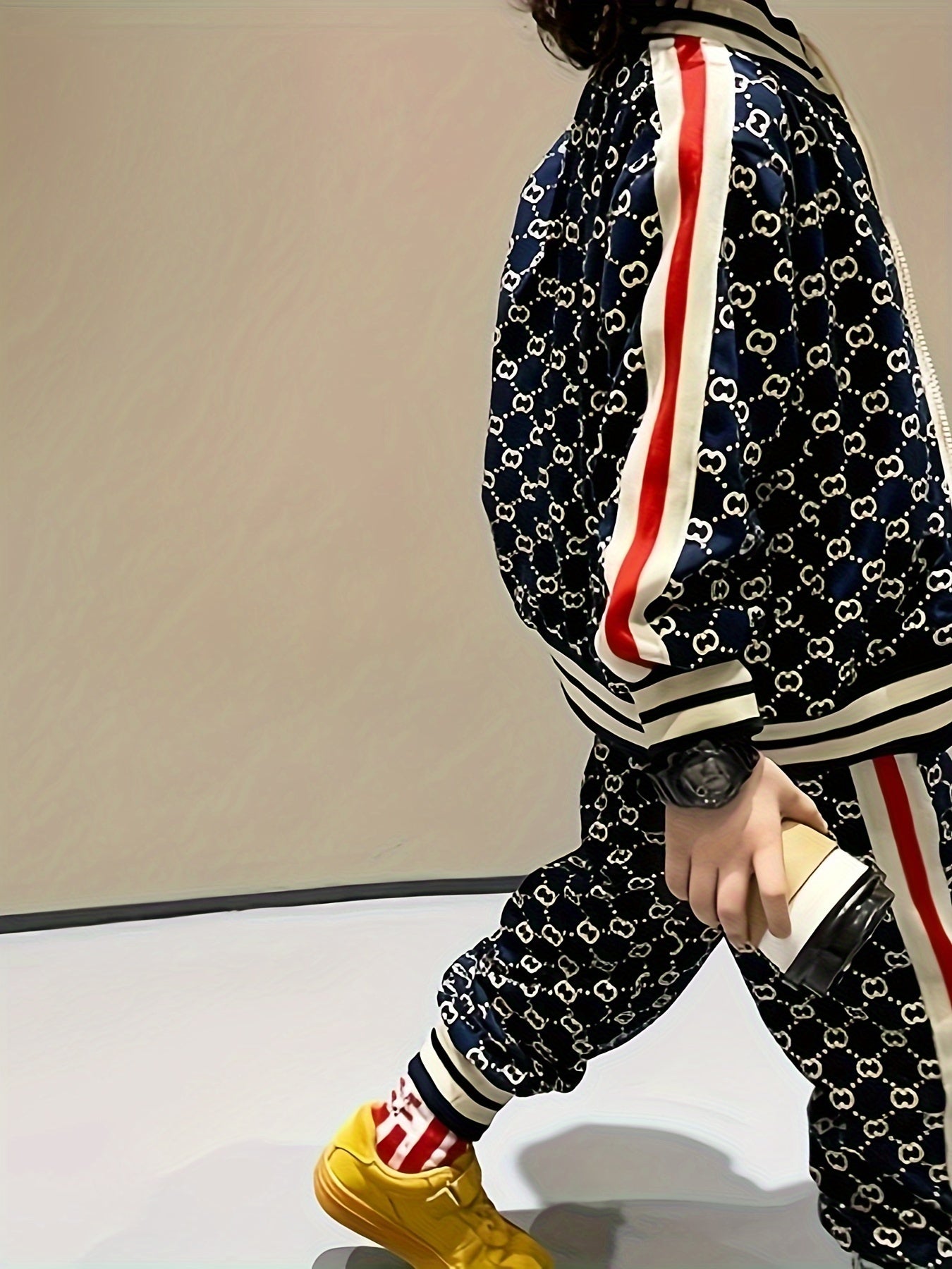 Kids Boys Geometric Print Zip-Up Varsity Jacket and Casual Pants Set for Outdoor Play