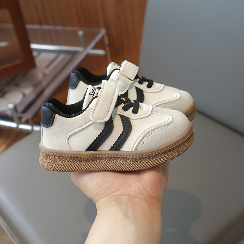 Kids Breathable Sneakers with Hook-and-Loop Closure, Soft Beige and White Soles for Casual Outdoor Wear