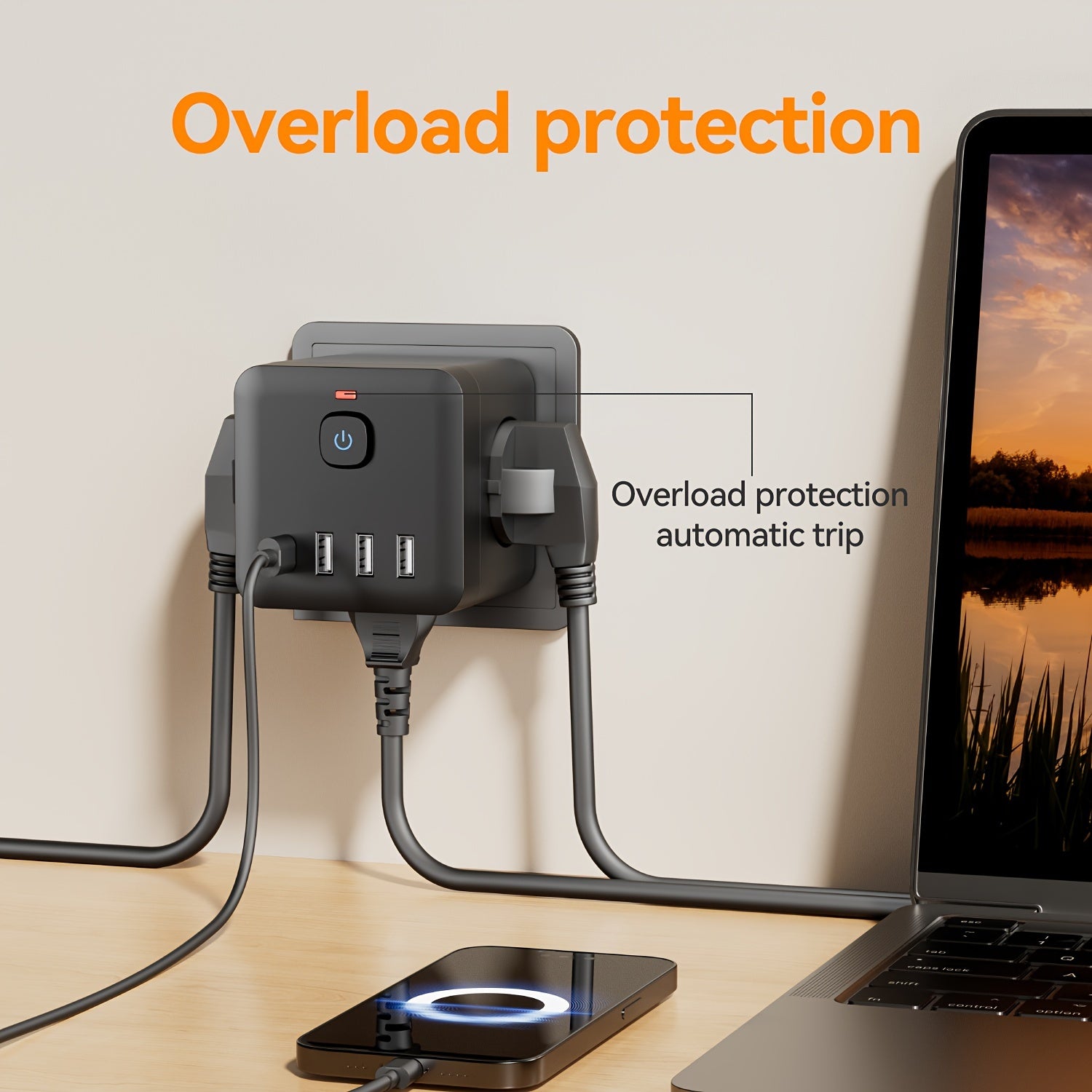 Compact Power Strip with 3 EU Outlets 3 USB Ports Type-C Overload Protection