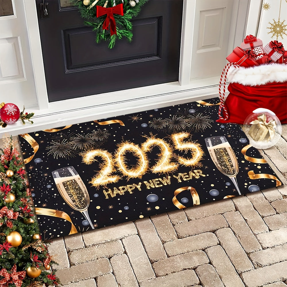 Rectangular Polyester Fiber Doormat with Champagne Cup Print Non-Slip Machine Washable for Entryway Kitchen Bathroom
