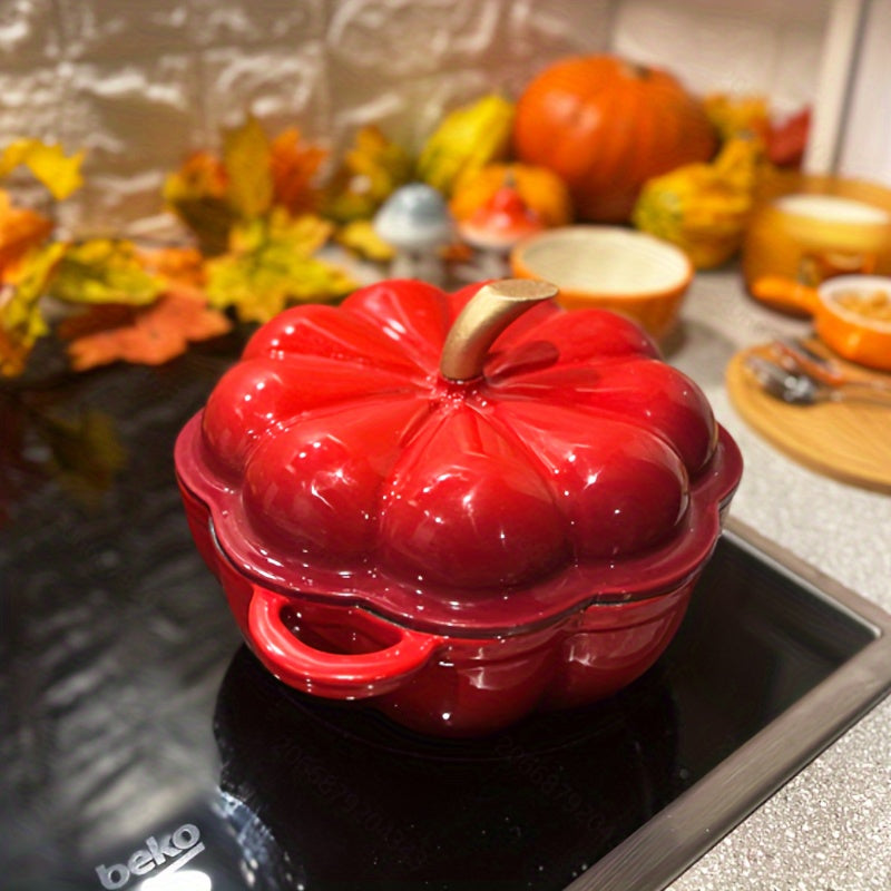 Красная кастрюля в форме тыквы из чугунного литья с эмалированной крышкой, толстая кастрюля, подходящая для газовых и индукционных плит, кухонная посуда.