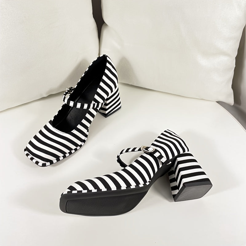 Women’s Striped Pattern Mary Jane Pumps Square Toe Block Heel